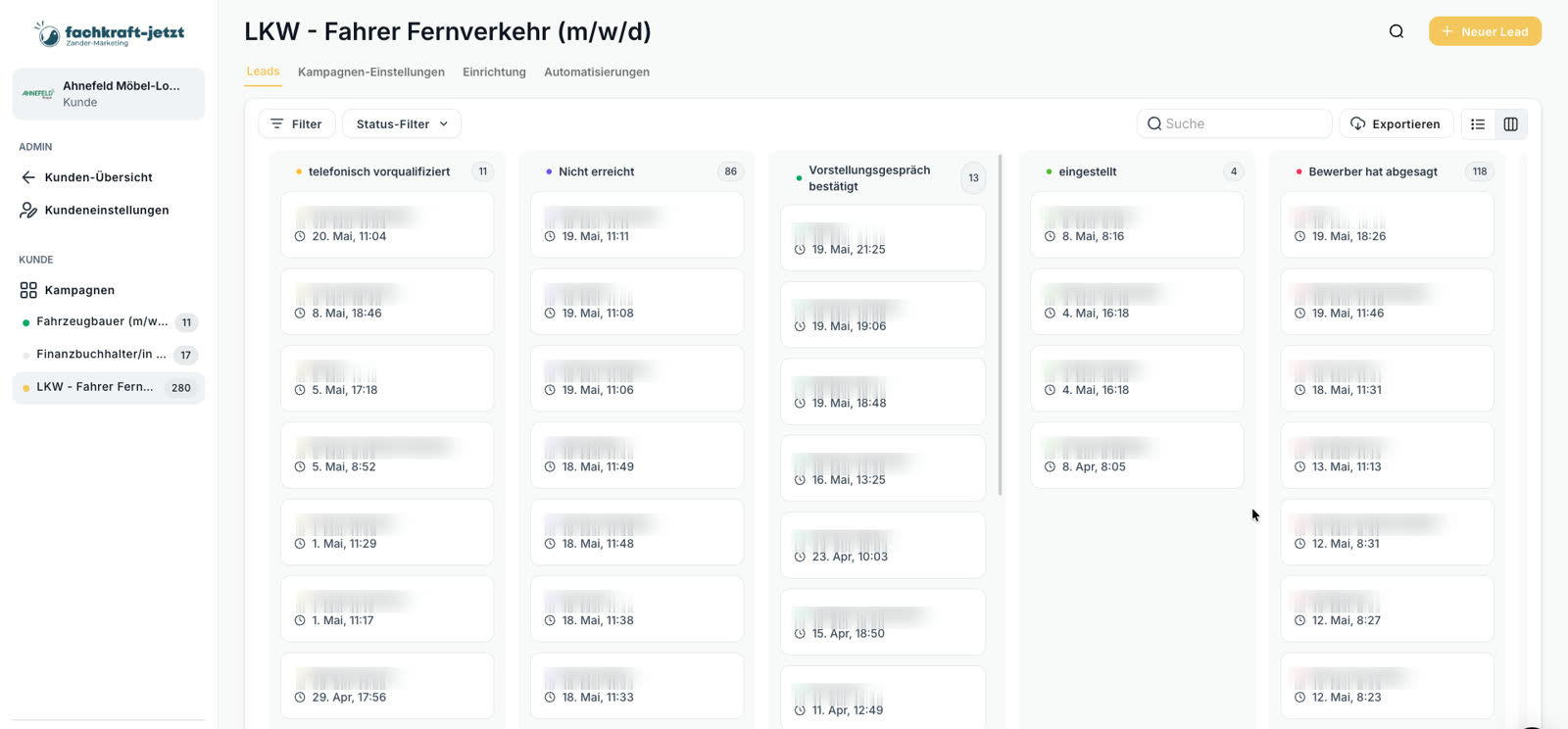 Bewerberportal von Fachkraft Jetzt: Kanban-Board der Ahnefeld-Kampagne LKW-Fahrer Fernverkehr mit den Spalten telefonisch vorqualifiziert, nicht erreicht, Vorstellungsgespräch bestätigt und eingestellt. Bewerbernamen sind unkenntlich gemacht.